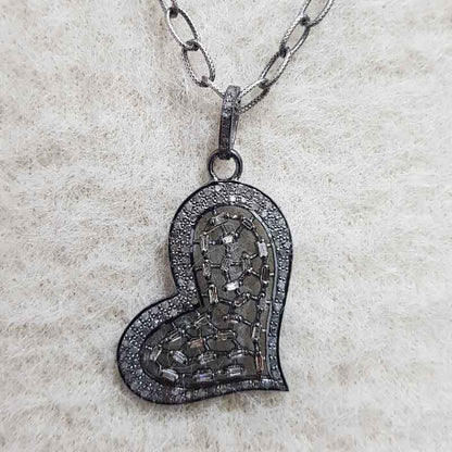 Pave Diamond And Baguette Designer Heart Pendant, Wedding Gift, Silver Jewelry