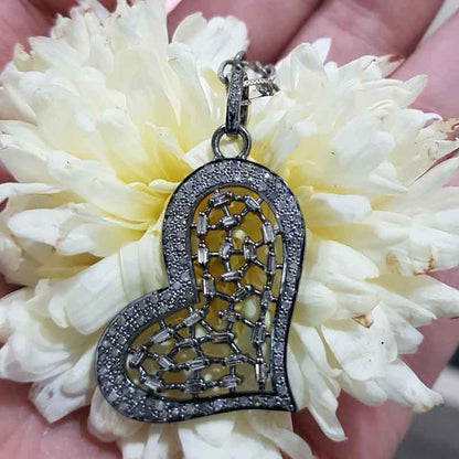 Pave Diamond And Baguette Designer Heart Pendant, Wedding Gift, Silver Jewelry