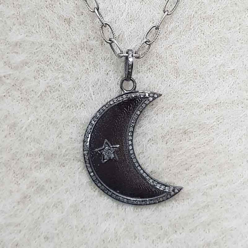 Stylish Moon with star Pave Diamond pendant, Half Moon Necklace, Gift For Someone