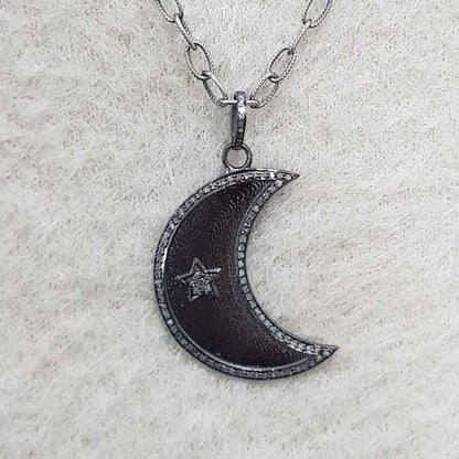 Stylish Moon with star Pave Diamond pendant, Half Moon Necklace, Gift For Someone