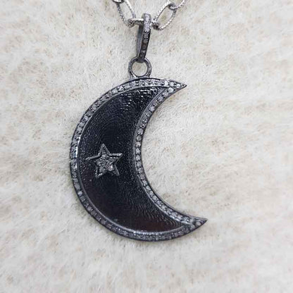 Stylish Moon with star Pave Diamond pendant, Half Moon Necklace, Gift For Someone