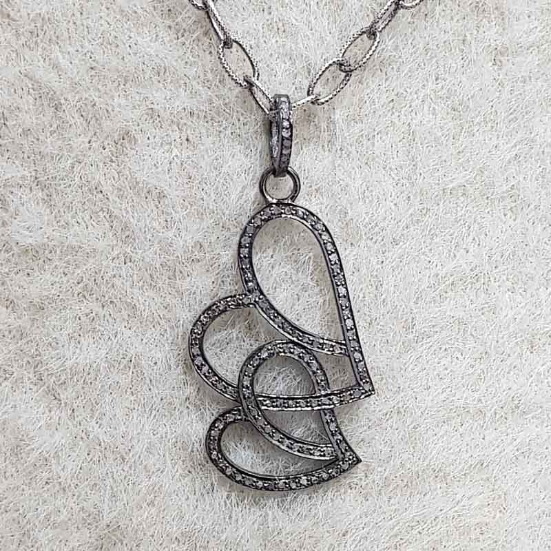 Joined Heart Designer Pave Diamond Silver Pendant, Open Joint Heart Necklace, Wedding Gift, Gift For Lover