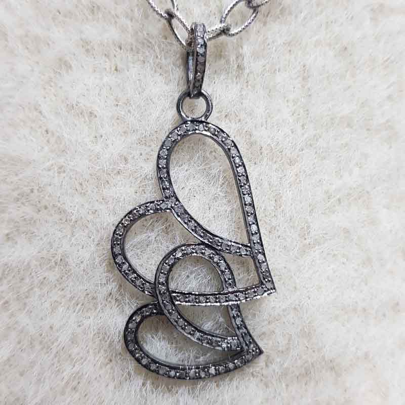 Joined Heart Designer Pave Diamond Silver Pendant, Open Joint Heart Necklace, Wedding Gift, Gift For Lover