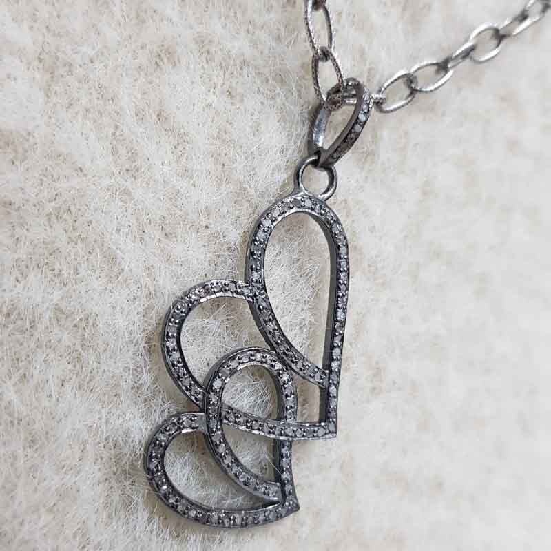 Joined Heart Designer Pave Diamond Silver Pendant, Open Joint Heart Necklace, Wedding Gift, Gift For Lover