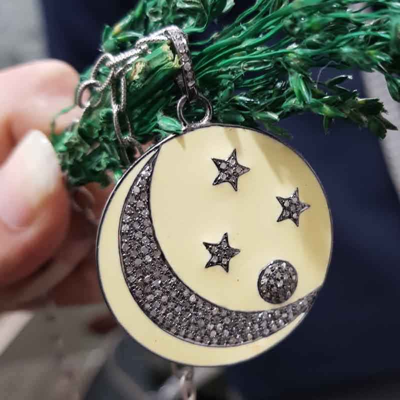 Round Fancy Designer Moon With Star Enamel Pave Diamond Handmade Style Pendant,  Unique Round Necklace, Gift For Special One