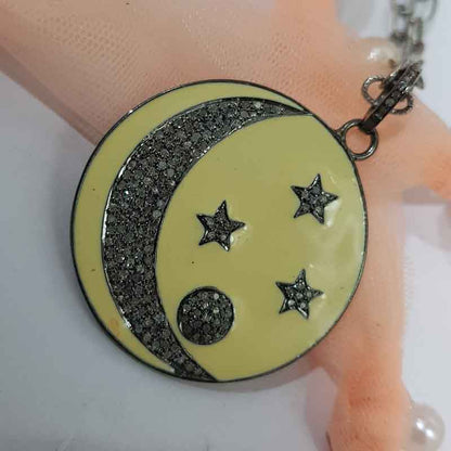 Round Fancy Designer Moon With Star Enamel Pave Diamond Handmade Style Pendant,  Unique Round Necklace, Gift For Special One