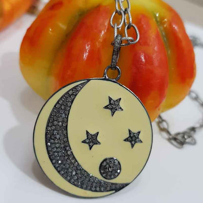 Round Fancy Designer Moon With Star Enamel Pave Diamond Handmade Style Pendant,  Unique Round Necklace, Gift For Special One