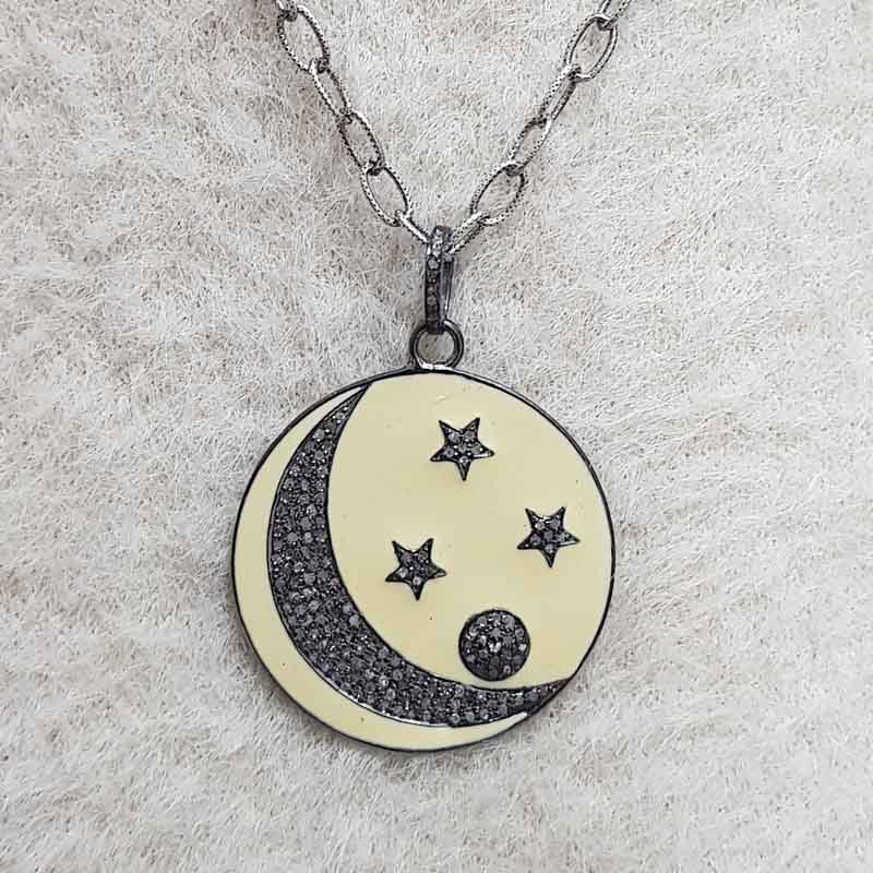 Round Fancy Designer Moon With Star Enamel Pave Diamond Handmade Style Pendant,  Unique Round Necklace, Gift For Special One