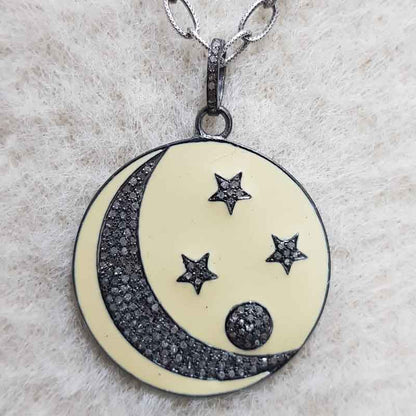 Round Fancy Designer Moon With Star Enamel Pave Diamond Handmade Style Pendant,  Unique Round Necklace, Gift For Special One