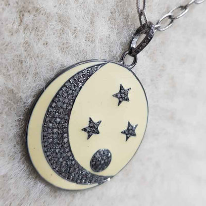 Round Fancy Designer Moon With Star Enamel Pave Diamond Handmade Style Pendant,  Unique Round Necklace, Gift For Special One