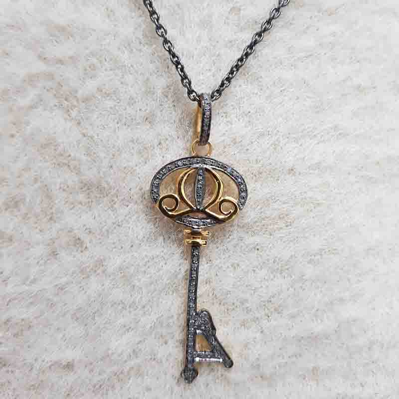 Glorious Key Pendant With Pave Diamond Layers, Unique Shiny Necklace, Gift For Someone