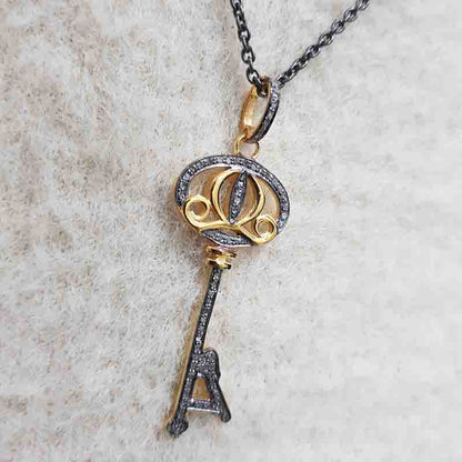 Glorious Key Pendant With Pave Diamond Layers, Unique Shiny Necklace, Gift For Someone