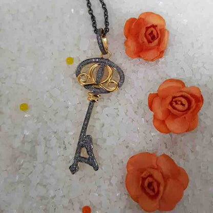 Glorious Key Pendant With Pave Diamond Layers, Unique Shiny Necklace, Gift For Someone