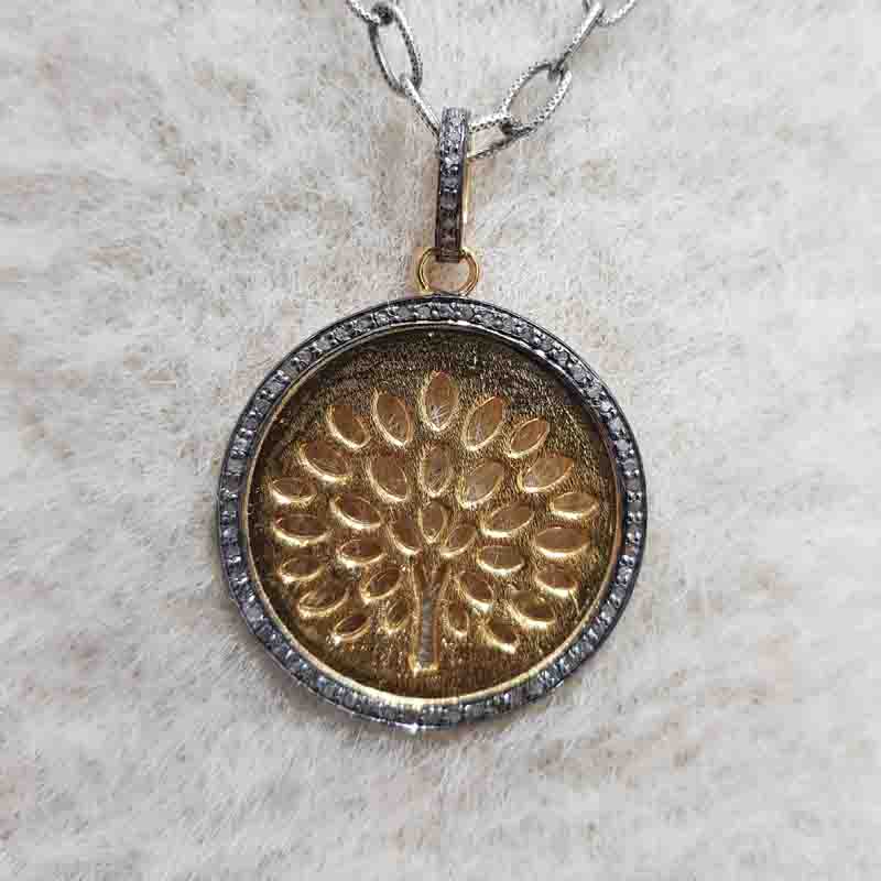 Round disk Pendant With Tree Of life And Pave Diamond, Fancy Necklace, Gift For Her, Him