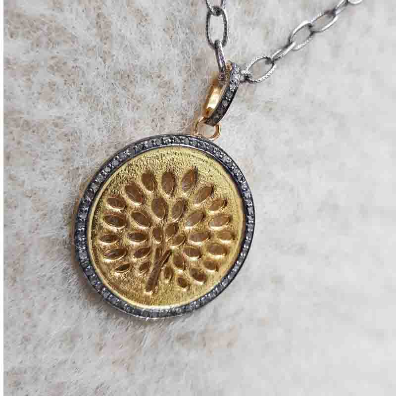 Round disk Pendant With Tree Of life And Pave Diamond, Fancy Necklace, Gift For Her, Him