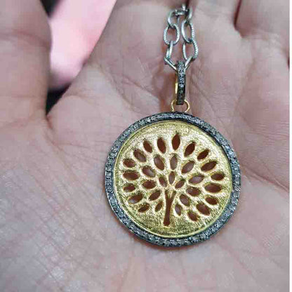 Round disk Pendant With Tree Of life And Pave Diamond, Fancy Necklace, Gift For Her, Him