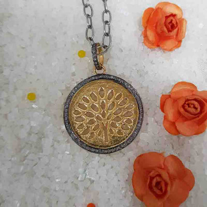 Round disk Pendant With Tree Of life And Pave Diamond, Fancy Necklace, Gift For Her, Him