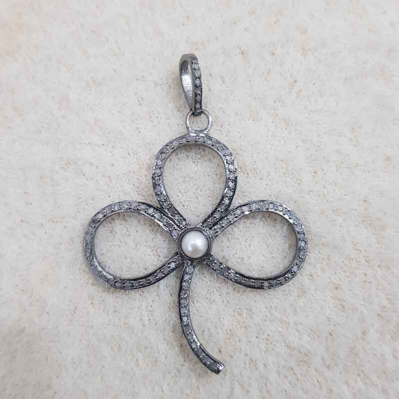 Gorgeous Pave Diamond Flower Design Stylish Pendant, Amazing Look Flower Necklace, Silver Jewelry