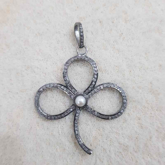 Gorgeous Pave Diamond Flower Design Stylish Pendant, Amazing Look Flower Necklace, Silver Jewelry