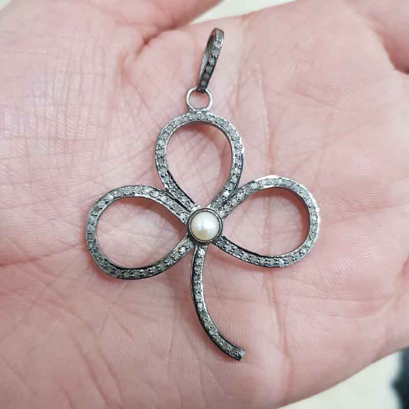 Gorgeous Pave Diamond Flower Design Stylish Pendant, Amazing Look Flower Necklace, Silver Jewelry