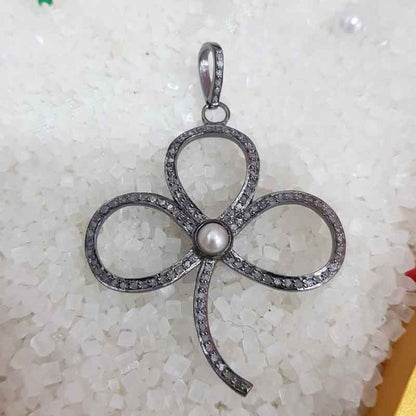 Gorgeous Pave Diamond Flower Design Stylish Pendant, Amazing Look Flower Necklace, Silver Jewelry